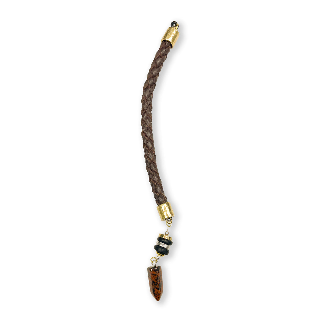Braided leather bracelet with gold and black accents on a white background