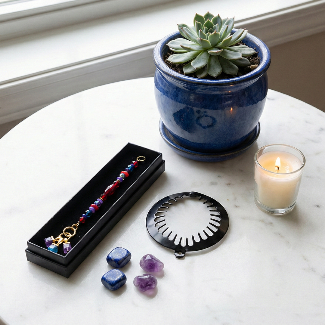 Table with a bracelet, stones, strainer, and candle near a potted plant by a window.