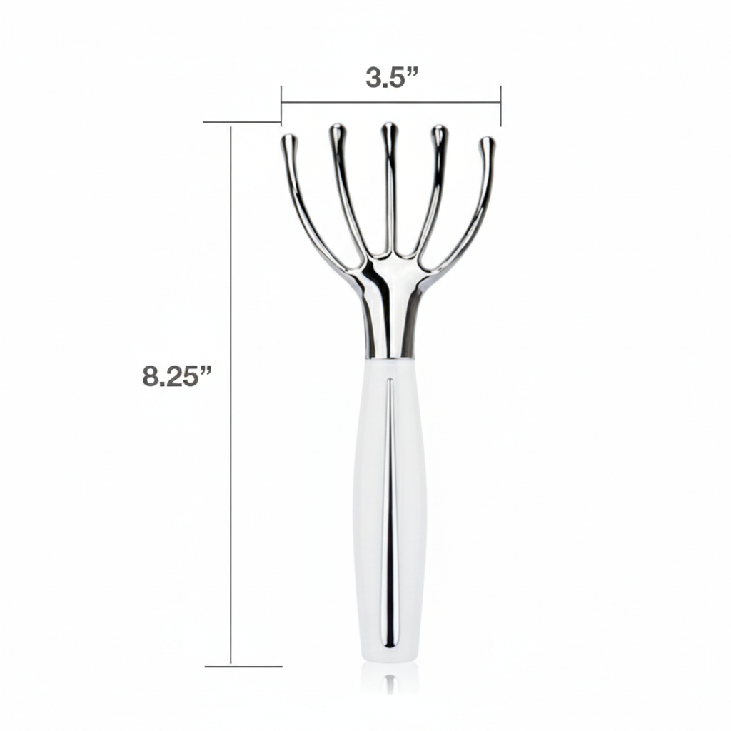 Handheld metal tool with measurements on a white background