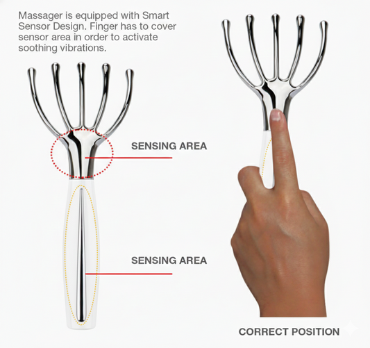 Handheld massager with sensor design and a hand demonstrating correct use.
