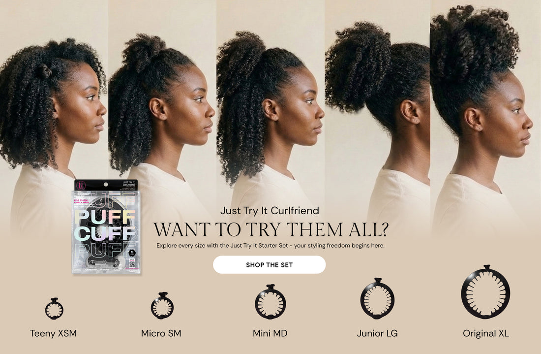 Image of five women profile showing their five different hair styles using Just Try It Curlfriend retail pack containing all  sizes of PuffCuffs.