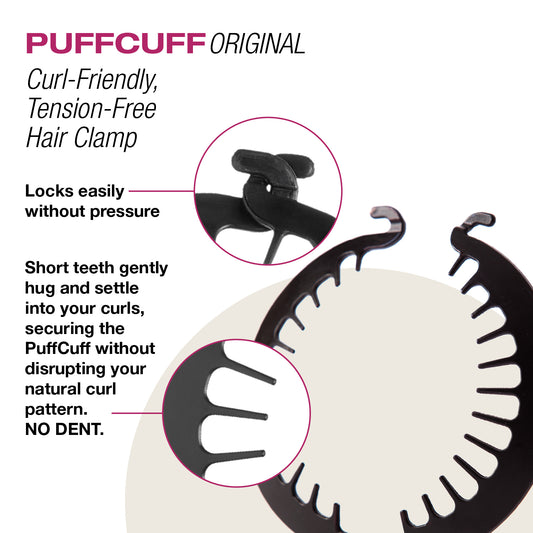 PuffCuff Original hair clamp with text highlighting features on a white background