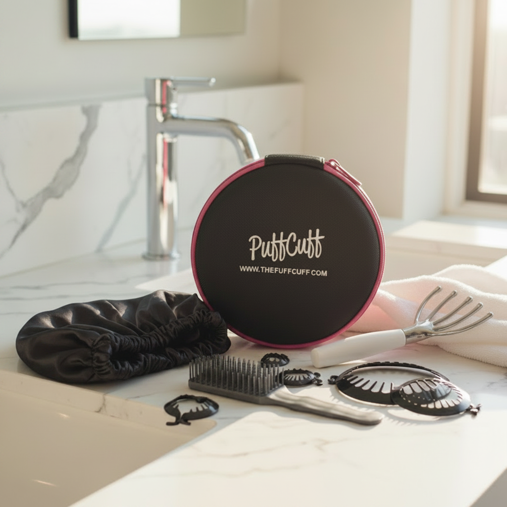 PuffCutt hair care product set on a bathroom counter with a mirror in the background.