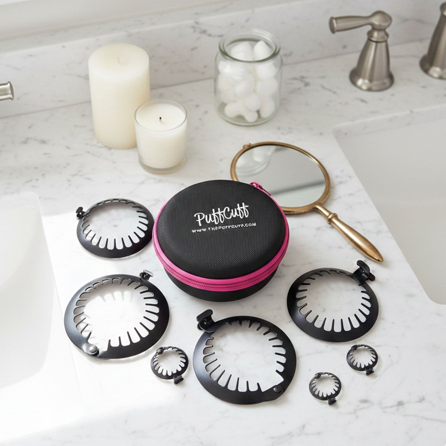 PuffCutt product set on a marble countertop with candles and a mirror.